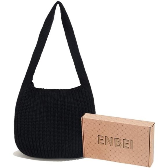 Women's Black Shoulder Handbags Crocheted Bags Large Knit Bag Tote Bag - Picture 3 of 9